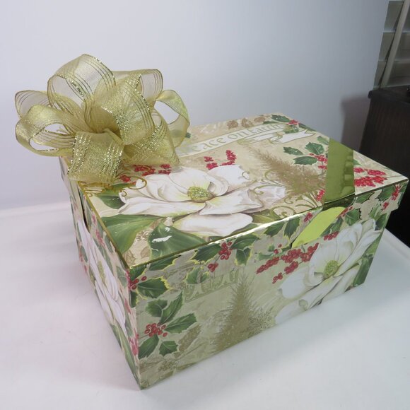 Large Peace on Earth gift box with Gold wired ribbon bow Holiday Winter - Picture 1 of 14